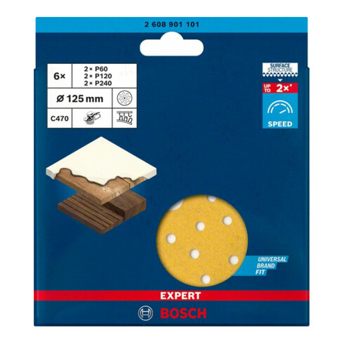 Bosch Expert C470 Papier abrasif pour ponceuse orbitale aléatoire, 125 mm, multi-trous, G 60/120/240