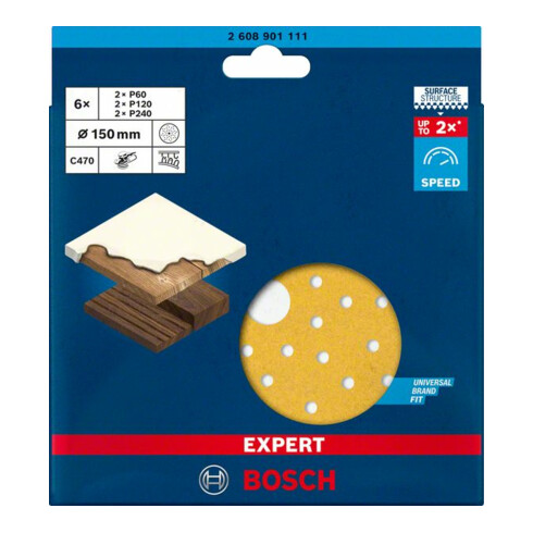 Bosch Expert C470 Papier abrasif pour ponceuse orbitale aléatoire, 150 mm, multi-trous, G 60/120/240