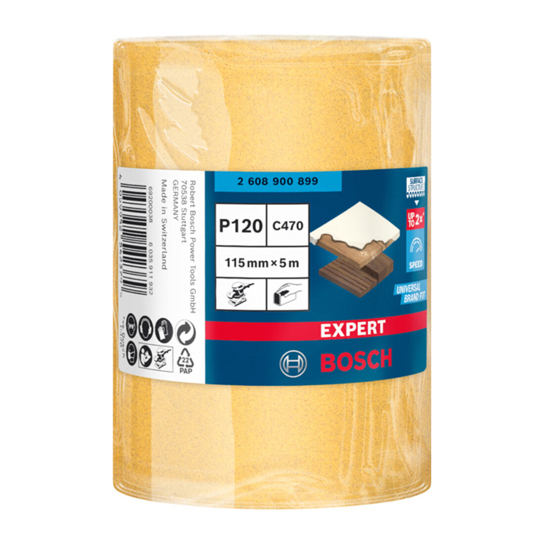 Bosch Expert C470 Rouleau de papier de verre pour ponçage à la main, 115 mm, 5 m, G 120