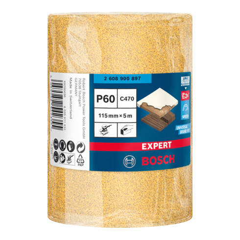 Bosch Expert C470 Rouleau de papier de verre pour ponçage à la main, 115 mm, 5 m, G 60