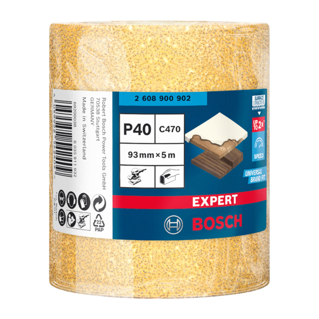 Bosch Expert C470 Rouleau de papier de verre pour ponçage à la main, 93 mm, 5 m, G 40