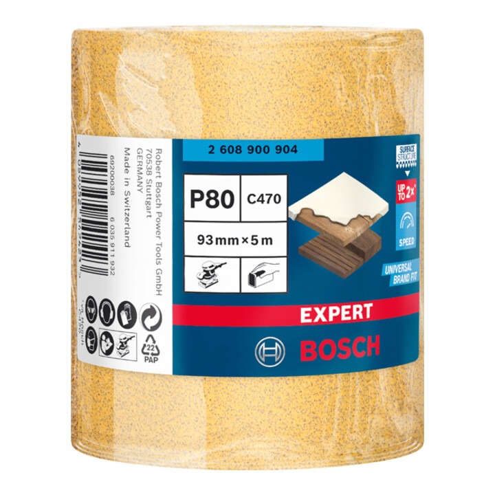 Bosch Expert C470 Rouleau de papier de verre pour ponçage à la main, 93 mm, 5 m, G 80