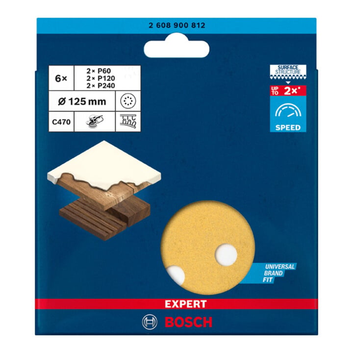 Bosch EXPERT C470 Schleifpapier-Se für Exzenterschleifer 125mm 8 Löcher G 60/120/240 6-tlg. für Exzenterschleifer