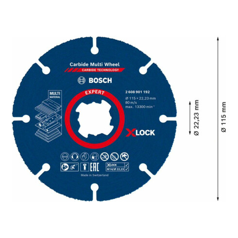 Bosch EXPERT Carbide Multi Wheel X-LOCK Trennscheibe 115mm 22,23mm für Winkelschleifer mit X-LOCK und mit Spannmutter