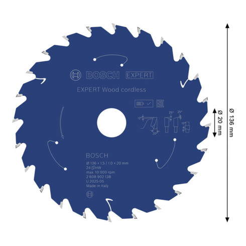 Bosch EXPERT Cirkelzaagblad hout, 136x20 mm, Z24