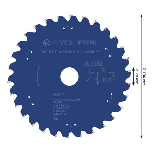 Bosch EXPERT Cirkelzaagblad roestvrij staal, 136x20 mm, Z30