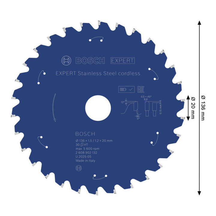 Bosch EXPERT Cirkelzaagblad roestvrij staal, 136x20 mm, Z30