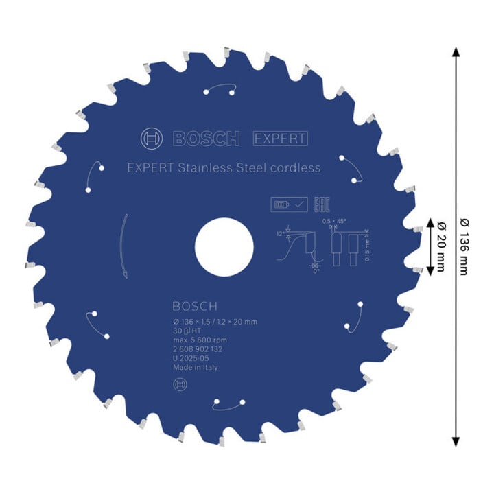 Bosch EXPERT Cirkelzaagblad roestvrij staal, 136x20 mm, Z30