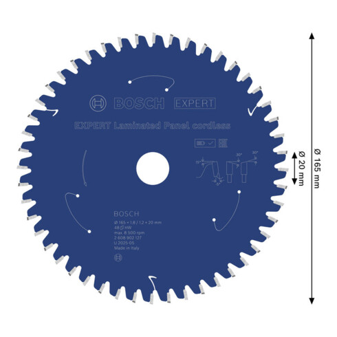 Bosch EXPERT Cirkelzaagblad voor gelamineerd paneel, 165x1,8x20 mm, Z48, tandhoek -5°