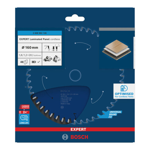 Bosch EXPERT Cirkelzaagblad voor gelamineerde panelen, 160x1,8x20 mm, Z48