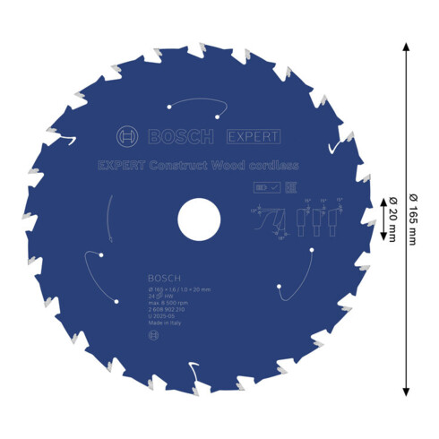 Bosch EXPERT Construct Lama per sega circolare legno, 165x1,6x20 mm, T24