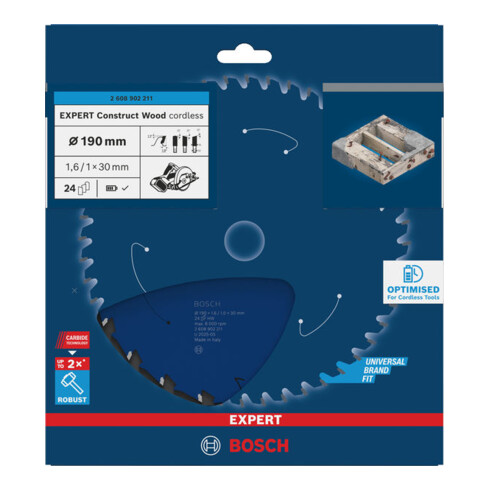 Bosch EXPERT Construct Lama per sega circolare legno, 190x1,6x30 mm, T24