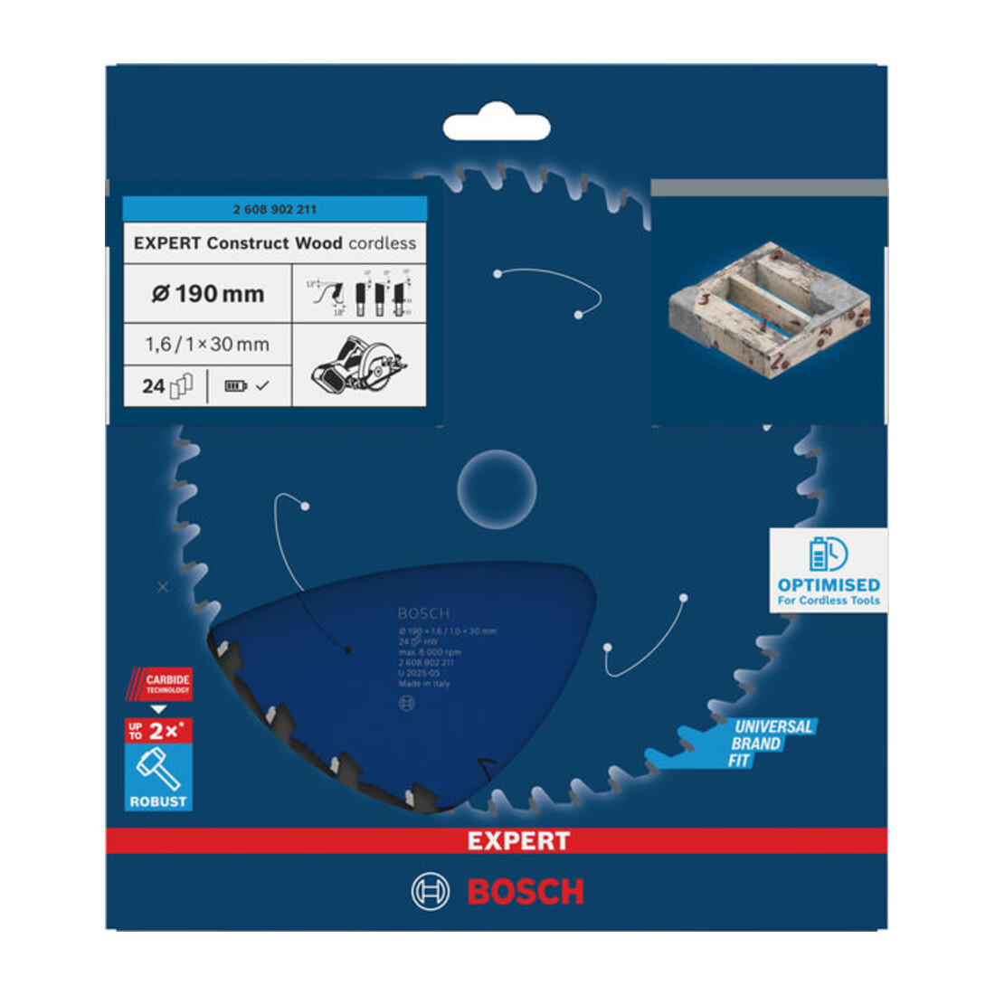Bosch EXPERT Construct Lama per sega circolare legno, 190x1,6x30 mm, T24