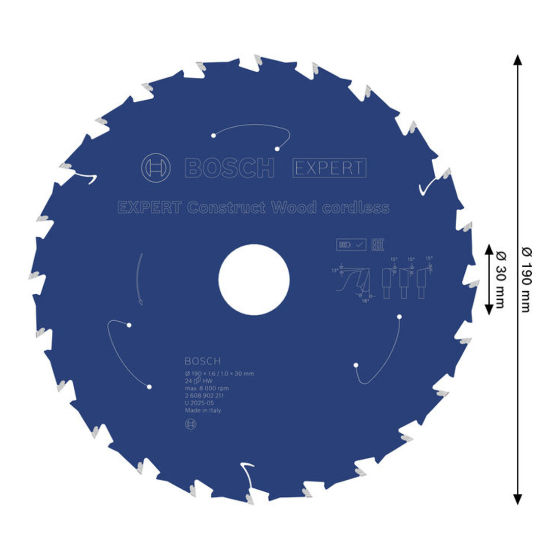 Bosch EXPERT Construct Lama per sega circolare legno, 190x1,6x30 mm, T24