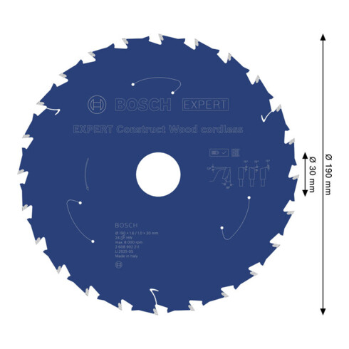 Bosch EXPERT Construct Wood Cirkelzaagblad, 190x1,6x30 mm, T24