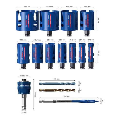Bosch EXPERT Construction Material Lochsäge-Set 20/22/25/32/35/40/44/51/60/68/76mm 15-tlg. für Dreh- und Schlagbohrer