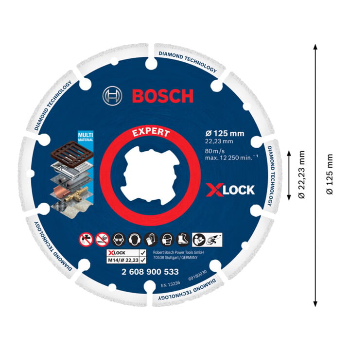 Bosch EXPERT diamant-metaalschijf X-LOCK doorslijpschijf 125 x 22,23mm voor haakse slijpmachines met X-LOCK en met klemmoer