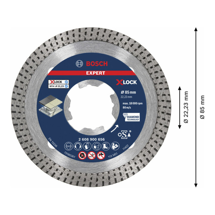 Bosch EXPERT HardCeramic X-LOCK Diamanttrennscheiben 85 x 22,23 x 1,6 x 7mm für Winkelschleifer mit X-LOCK und mit Spannmutter