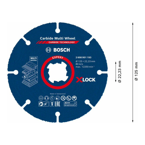 Bosch EXPERT Hardmetalen Multi-schijf X-LOCK doorslijpschijf 125mm 22,23mm voor haakse slijpmachines met X-LOCK en met klemmoer