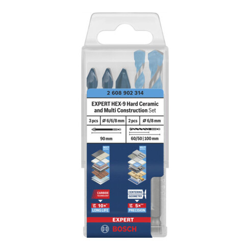 Bosch EXPERT HEX-9 Hard Ceramic e HEX-9 Multi Construction Set di punte, 6/8 mm, 5 pezzi