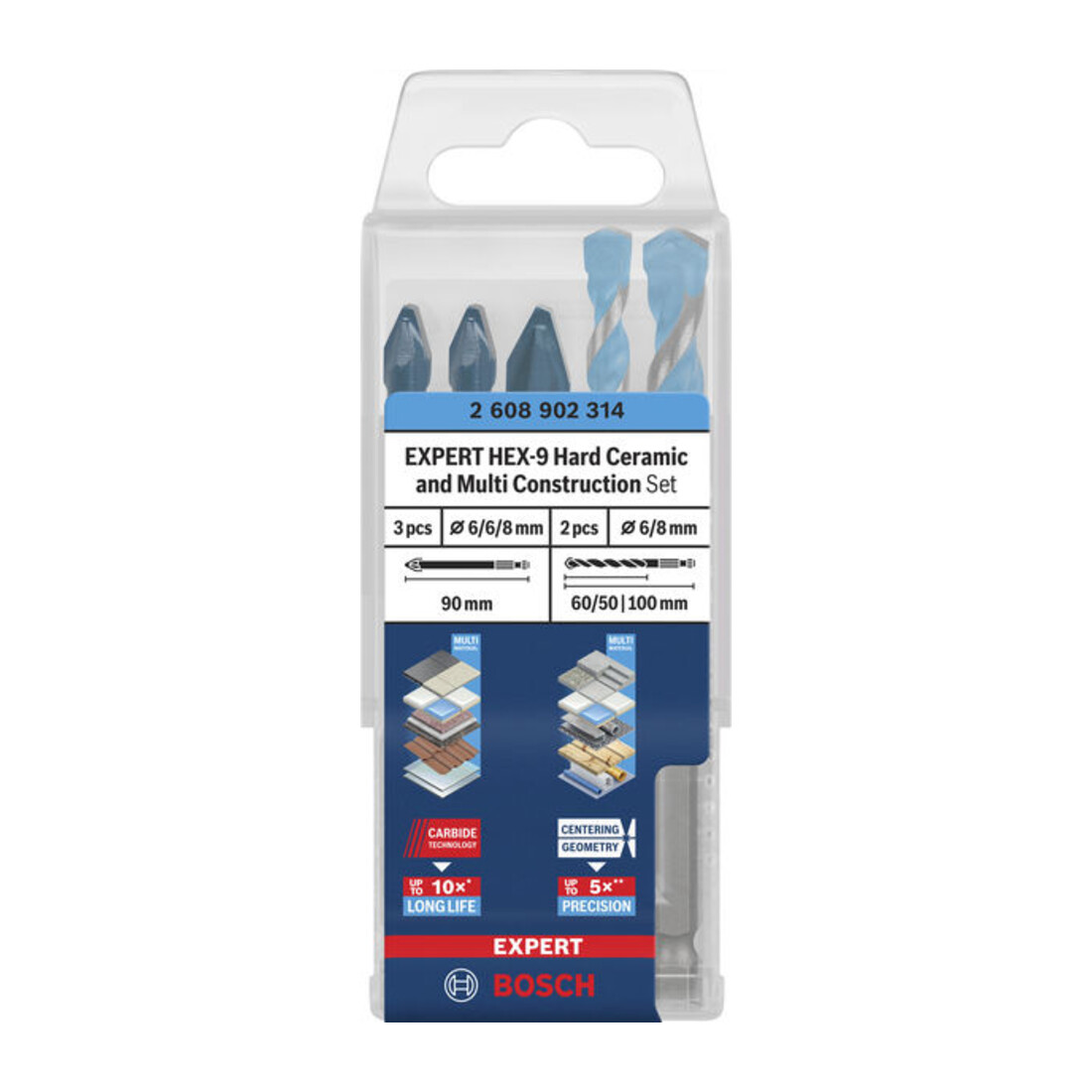 Bosch EXPERT HEX-9 Hard Ceramic e HEX-9 Multi Construction Set di punte, 6/8 mm, 5 pezzi
