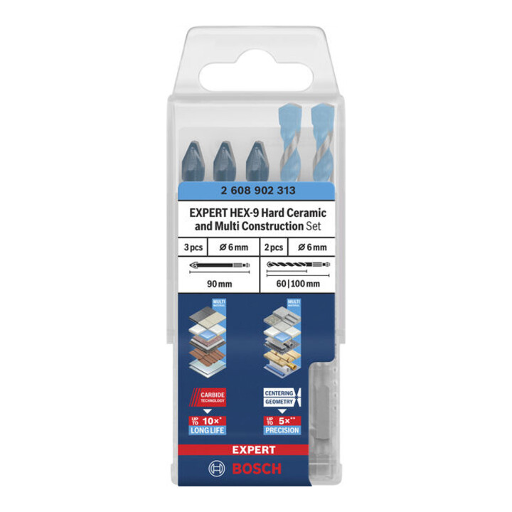 Bosch EXPERT HEX-9 Hard Ceramic et HEX-9 Multi Construction Jeu de forets, 6 mm, 5 pièces