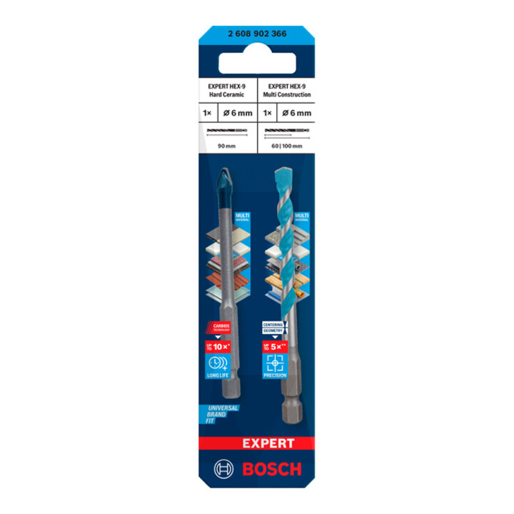 Bosch EXPERT HEX-9 Hard Ceramic + HEX-9 Multi Construction Bohrer, 6 mm