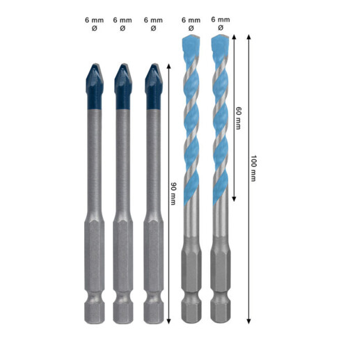 Bosch EXPERT HEX-9 Hard Ceramic und HEX-9 Multi Construction Bohrer-Set, 6 mm, 5-tlg.