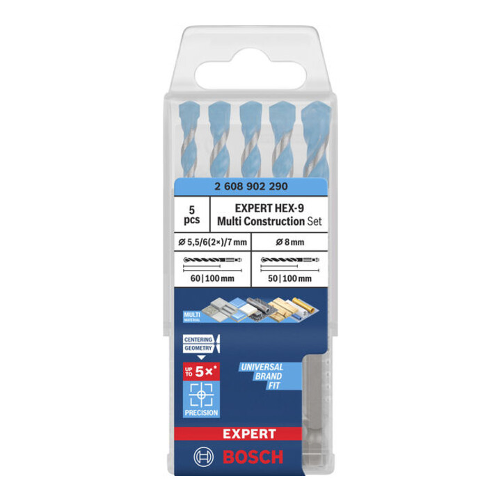 Bosch EXPERT HEX-9 Multi Construction Bohrer-Set, D= 5,5 / 6 / 6 / 7 / 8 mm, 5-tlg.