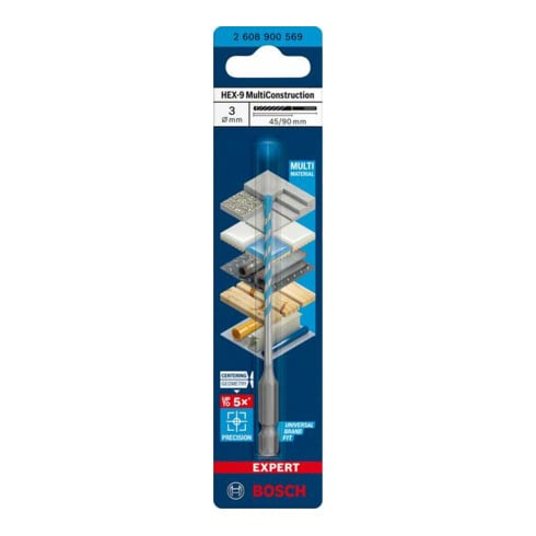 Bosch EXPERT HEX-9 MultiConstruction Bohrer 3 x 45 x 90mm für Dreh- und Schlagbohrer