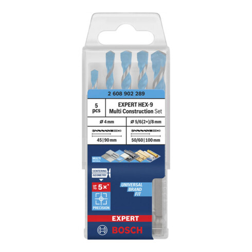 Bosch EXPERT HEX-9 Set de forets multi-construction, Ø 4 / 5 / 6 / 6 / 8 mm, 5 pièces
