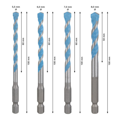 Bosch EXPERT HEX-9 Set de forets multi-construction, Ø 4 / 5 / 6 / 6 / 8 mm, 5 pièces