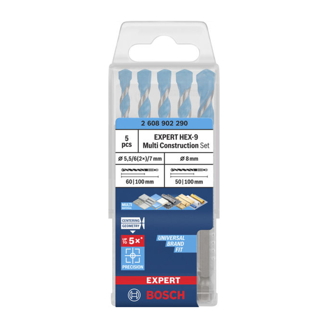 Bosch EXPERT HEX-9 Set de forets Multi Construction, Ø 5,5 / 6 / 6 / 7 / 8 mm, 5 pièces