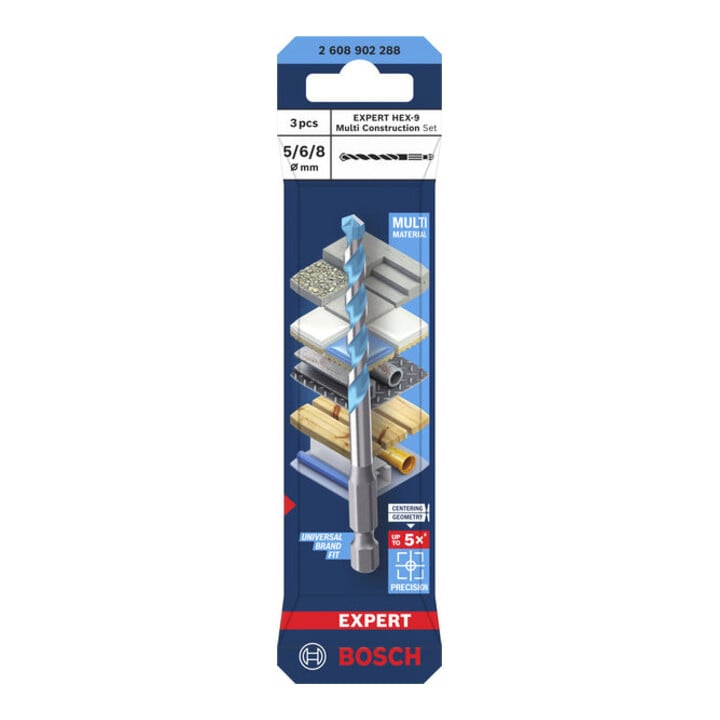 Bosch EXPERT HEX-9 Set de forets Multi Construction, Ø 5 / 6 / 8 mm, 3 pièces