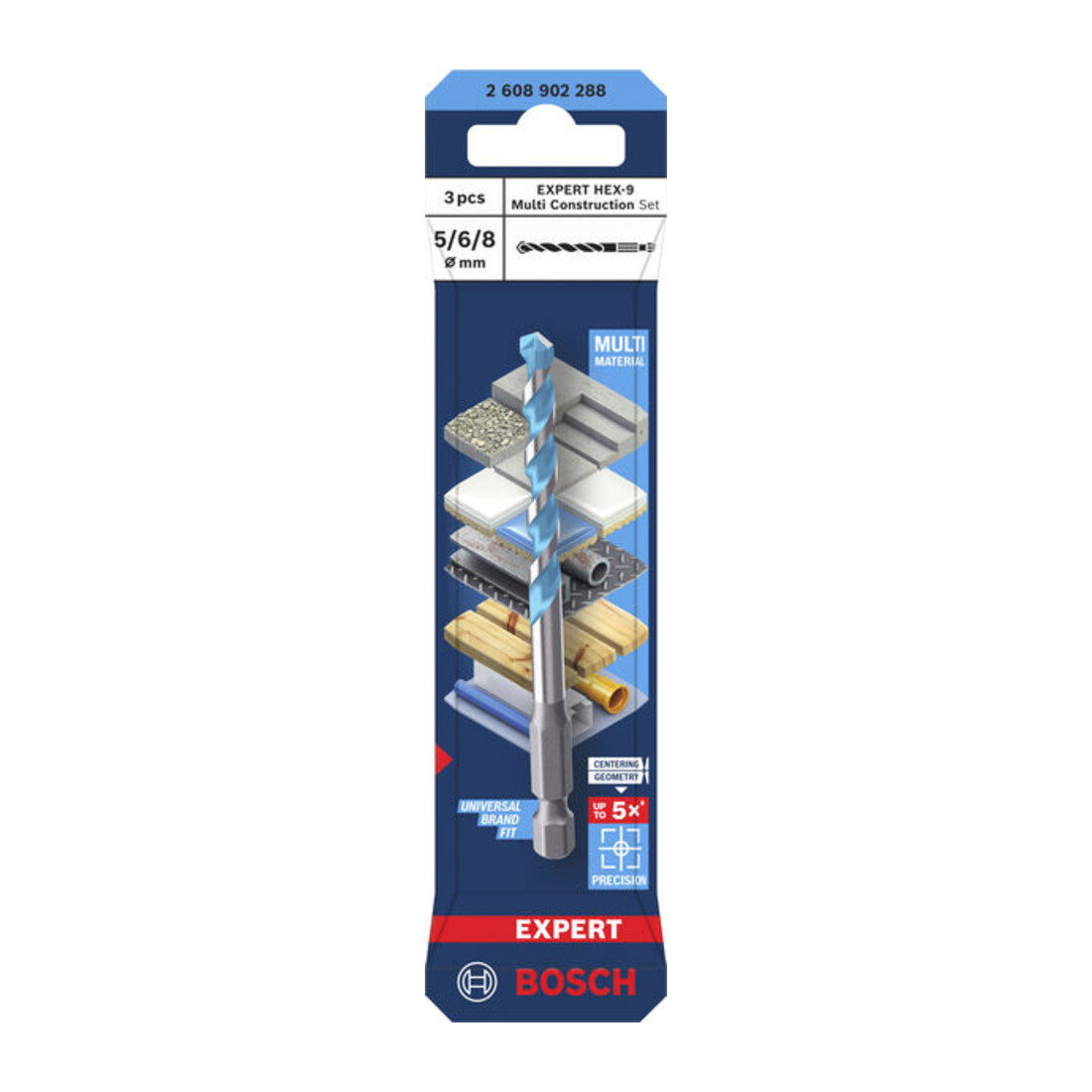Bosch EXPERT HEX-9 Set de forets Multi Construction, Ø 5 / 6 / 8 mm, 3 pièces