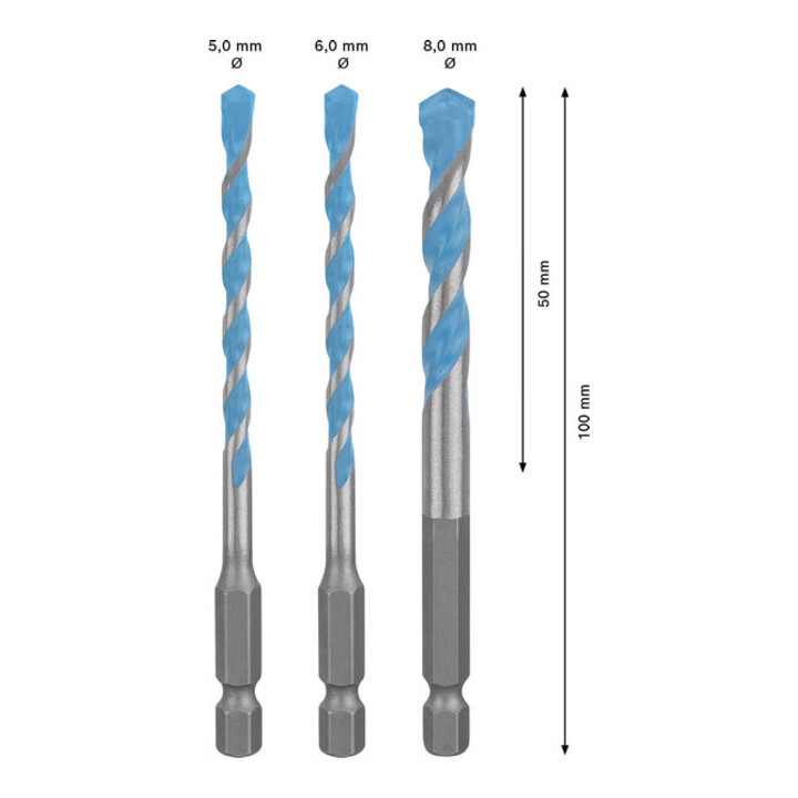 Bosch EXPERT HEX-9 Set de forets Multi Construction, Ø 5 / 6 / 8 mm, 3 pièces