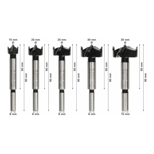 Bosch EXPERT Jeu de mèches à charnière pour bois stratifié, 15/20/25/30/35 x 60 x 90 mm, 5 pcs