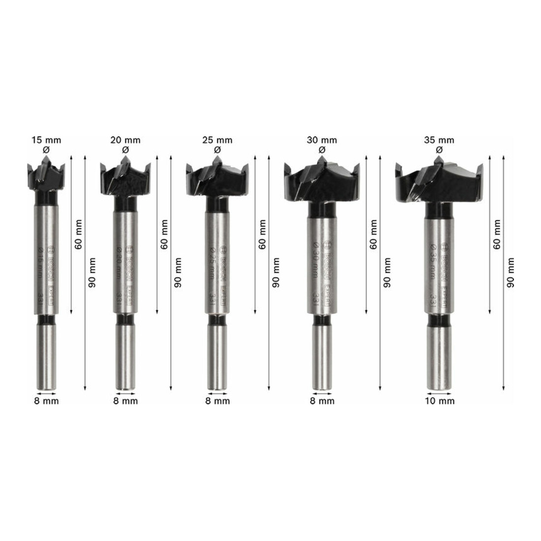 Bosch EXPERT Jeu de mèches à charnière pour bois stratifié, 15/20/25/30/35 x 60 x 90 mm, 5 pcs