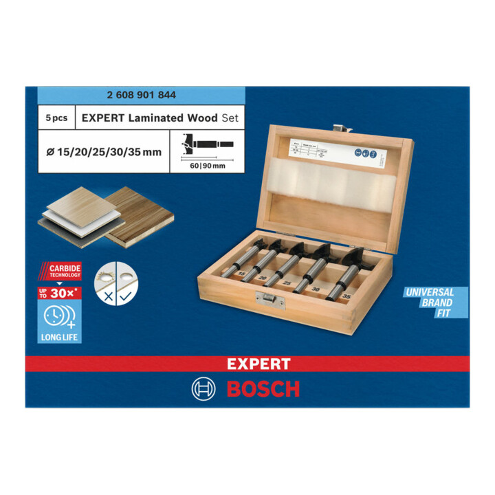 Bosch EXPERT Jeu de mèches à charnière pour bois stratifié, 15/20/25/30/35 x 60 x 90 mm, 5 pcs