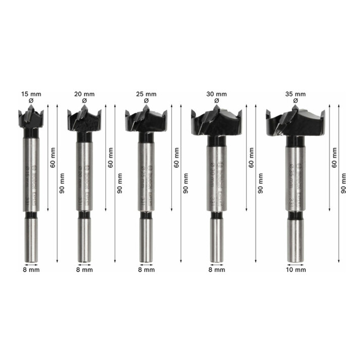 Bosch EXPERT Jeu de mèches à charnière pour bois stratifié, 15/20/25/30/35 x 60 x 90 mm, 5 pcs