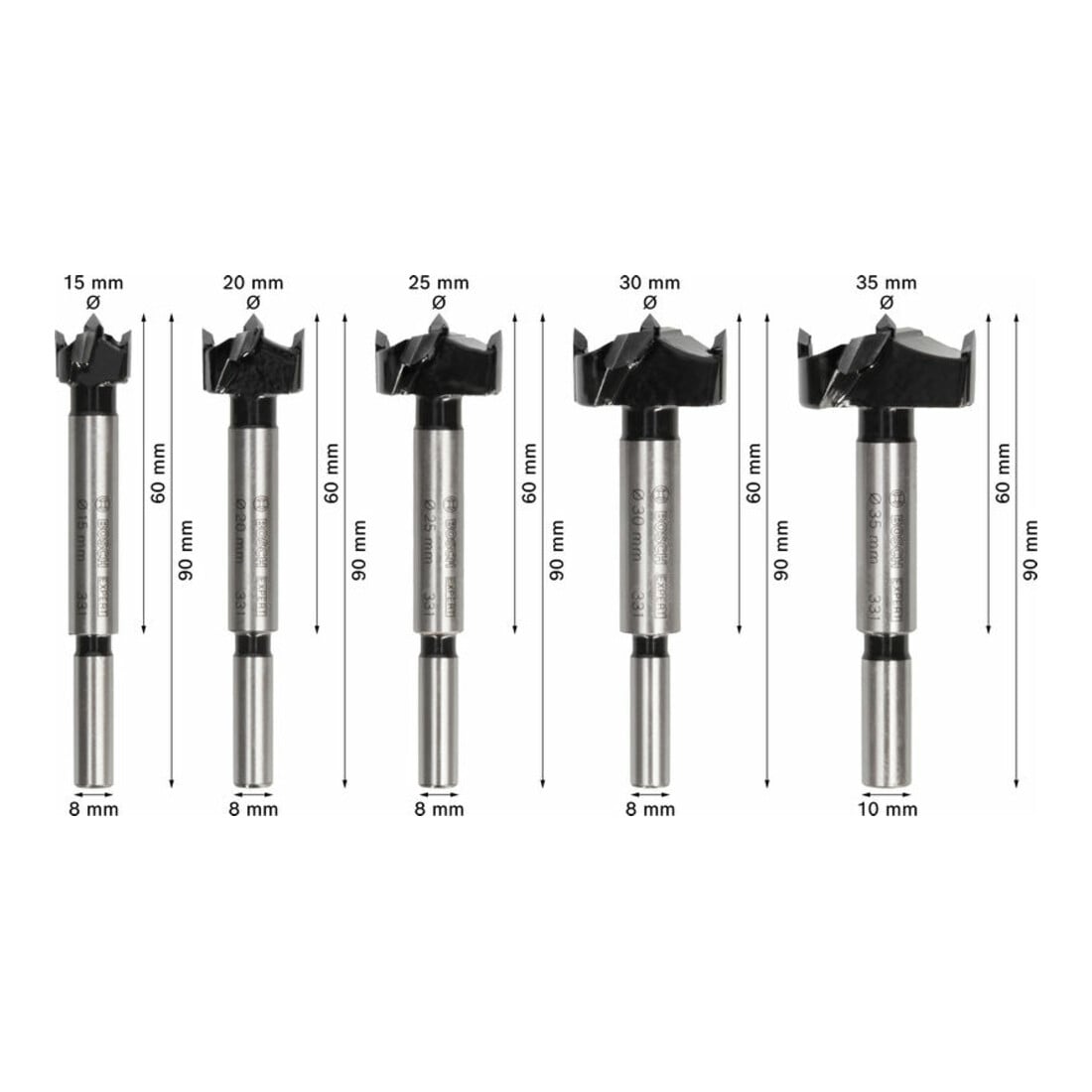 Bosch EXPERT Jeu de mèches à charnière pour bois stratifié, 15/20/25/30/35 x 60 x 90 mm, 5 pcs