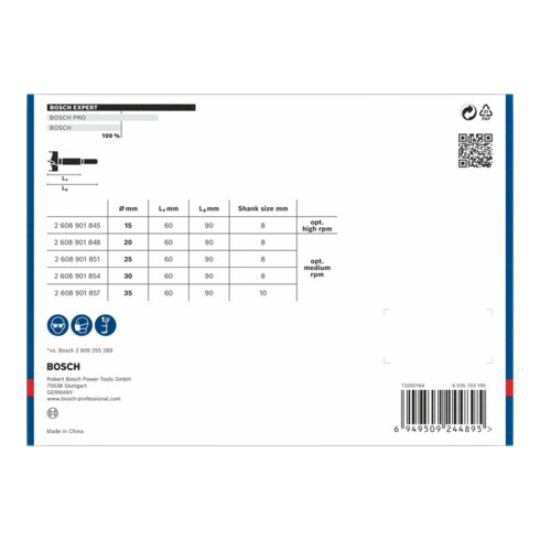 Bosch EXPERT Jeu de mèches à charnière pour bois stratifié, 15/20/25/30/35 x 60 x 90 mm, 5 pcs