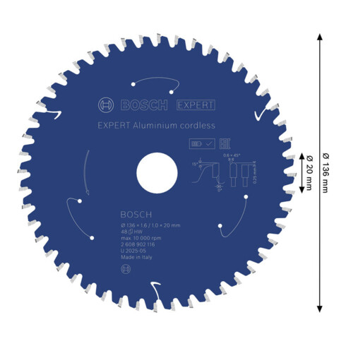 Bosch EXPERT Lama per sega circolare in alluminio, 136x20 mm, Z48