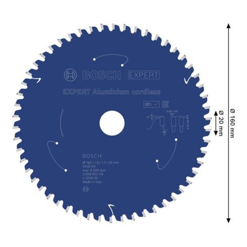 Bosch EXPERT Lama per sega circolare in alluminio, 160x20 mm, Z54