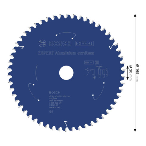Bosch EXPERT Lama per sega circolare in alluminio, 165x20 mm, Z54