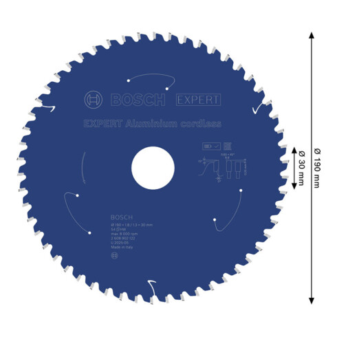 Bosch EXPERT Lama per sega circolare in alluminio, 190x30 mm, Z54