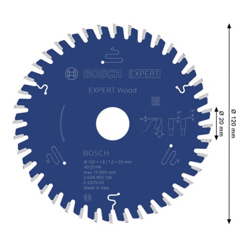 Bosch EXPERT Lama per sega circolare legno, 120x20 mm, Z40