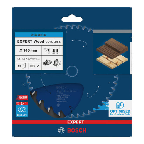 Bosch EXPERT Lama per sega circolare legno, 140x1,8x20 mm, Z24 con anello riduttore