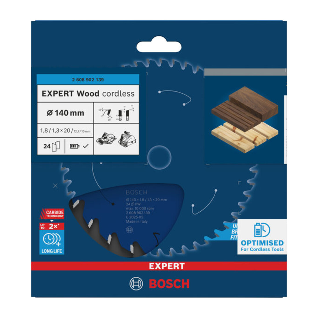 Bosch EXPERT Lama per sega circolare legno, 140x1,8x20 mm, Z24 con anello riduttore