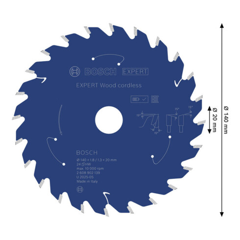Bosch EXPERT Lama per sega circolare legno, 140x1,8x20 mm, Z24 con anello riduttore